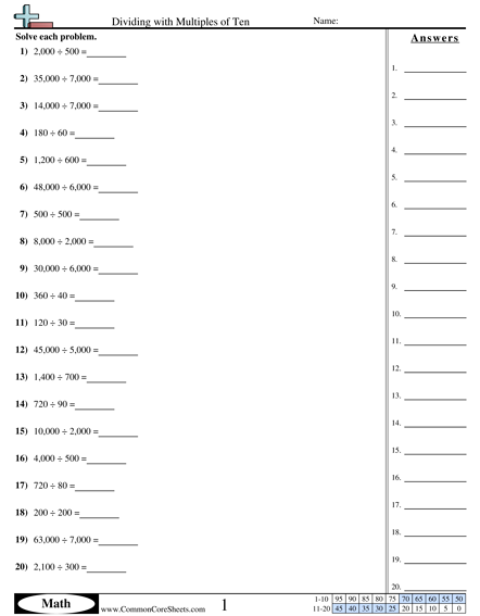 Division Worksheets - Dividing Multiples of Ten worksheet